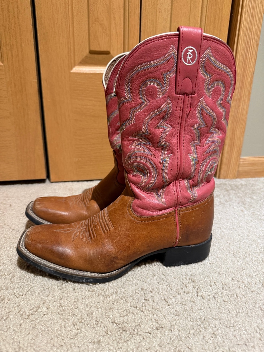 Women’s Tony Lama Brown Leather Foot with Pink Embroidered Shaft Heeled Boots